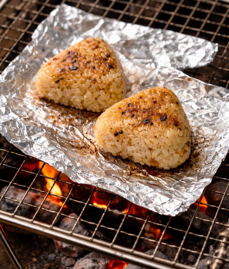 焚き火　焼きおにぎり　アルミホイル
