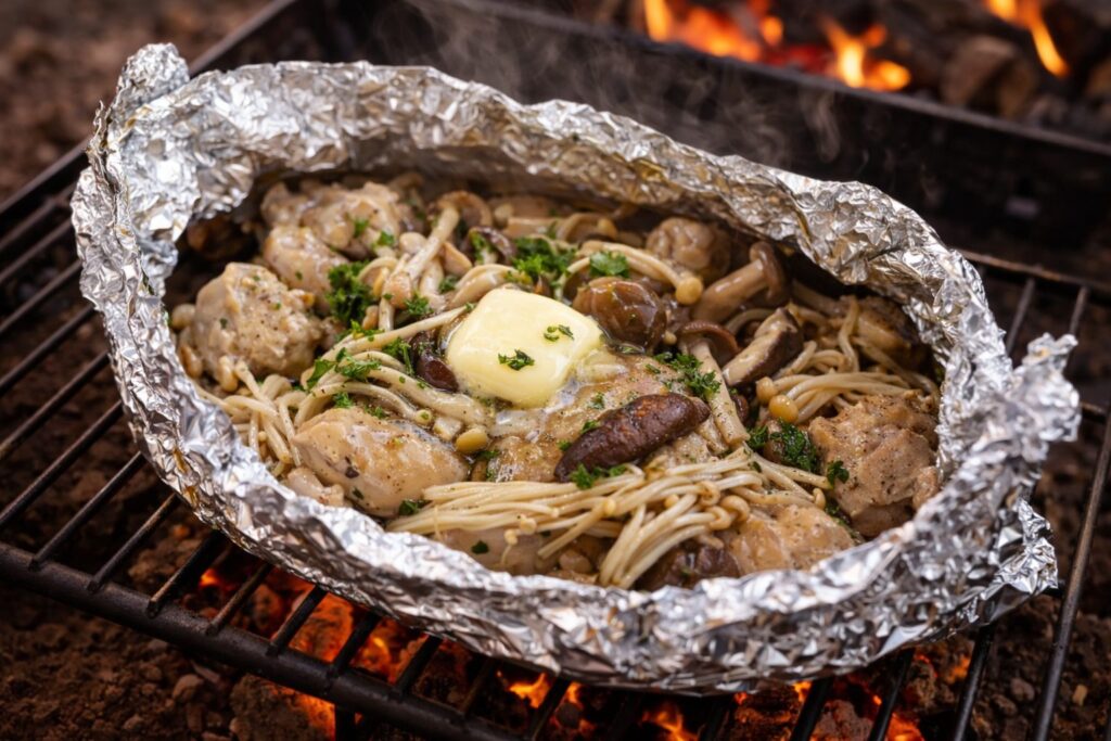 焚き火　鶏肉　アルミホイル