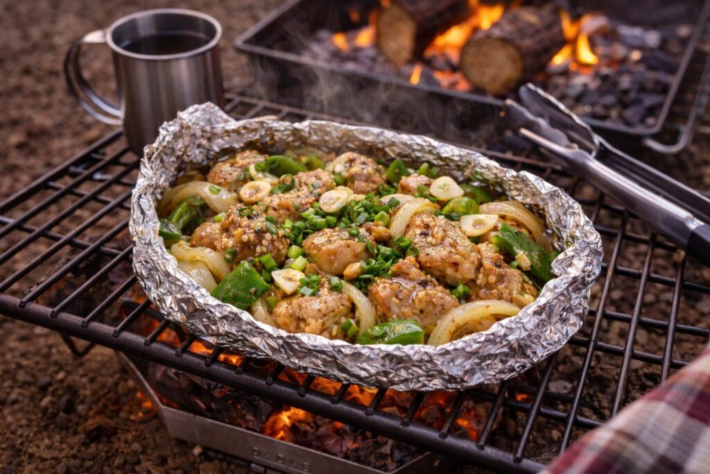 焚き火　鶏肉　アルミホイル