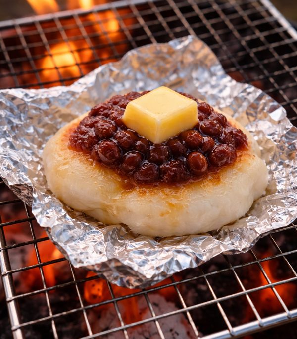 焚き火　餅　アルミホイル